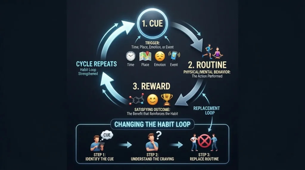 Habit loop diagram showing cue, routine, and reward, with steps for identifying and changing the routine