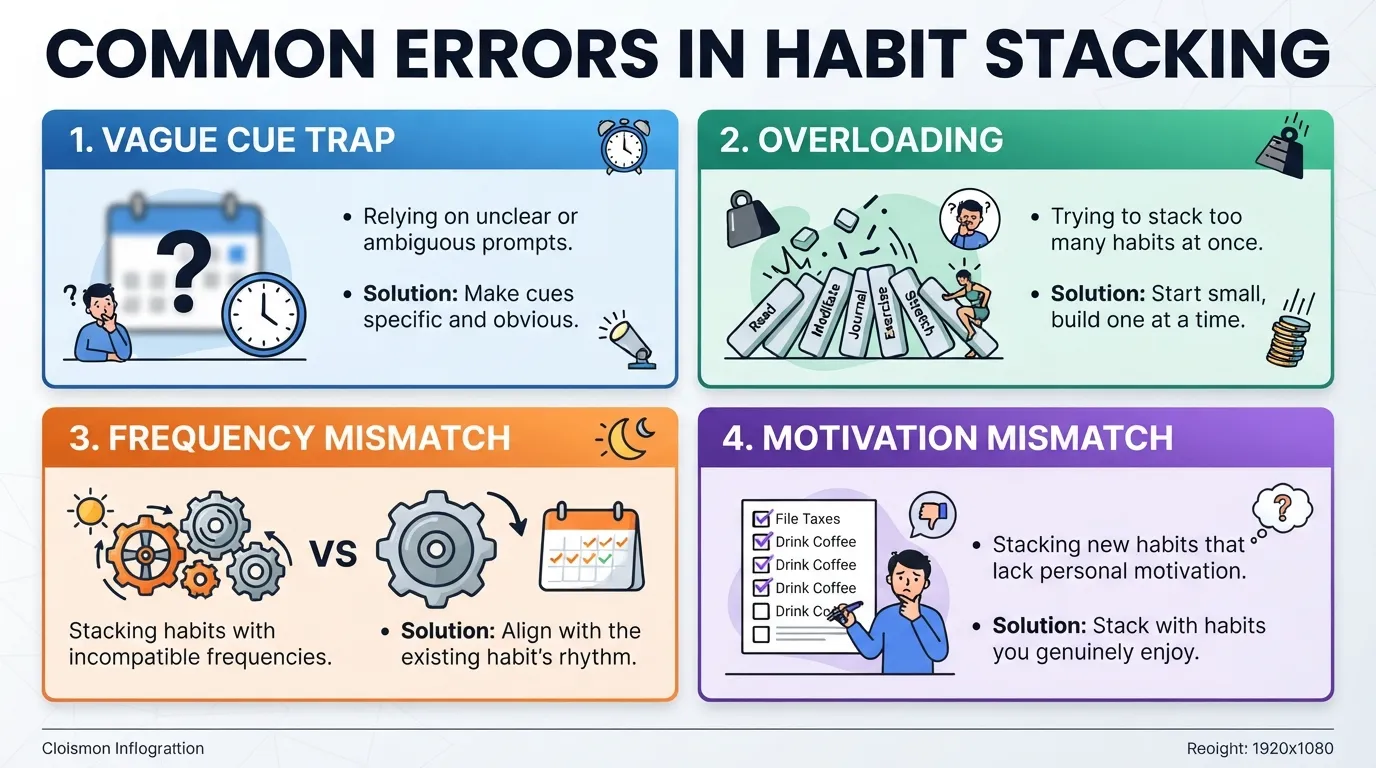 Infographic outlining common habit stacking mistakes including vague cues, overloading too many habits, and mismatched frequencies.