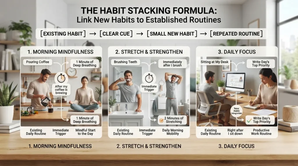 Visual showing habit stacking by connecting existing daily habits such as making coffee, brushing teeth, and sitting at a desk with small new habits like breathing, stretching, and planning.