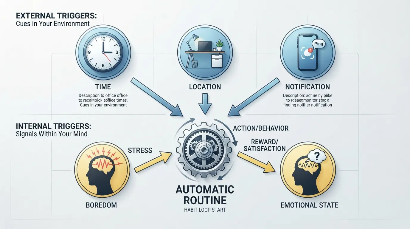 Infographic illustrating how habit triggers and external cues initiate the habit loop to form or break behaviors