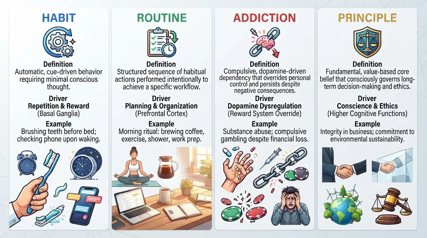 A visual comparison chart explaining the differences between a habit, routine, addiction, and principle with clear behavioral definitions.