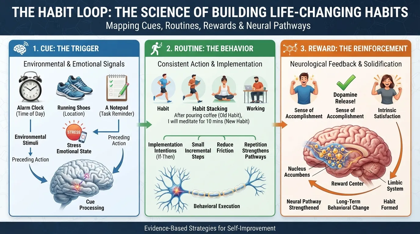 Infographic showing psychological habit-formation framework with trigger, routine, and reward loops for personal transformation.