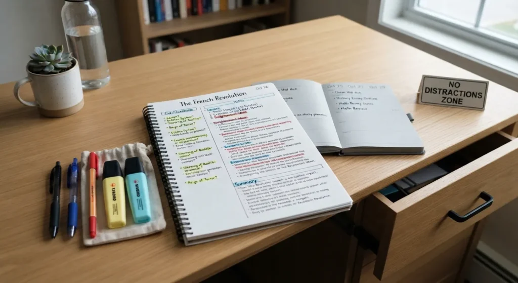 A high school student organizing notes using the Cornell method and cleaning their study desk for better focus