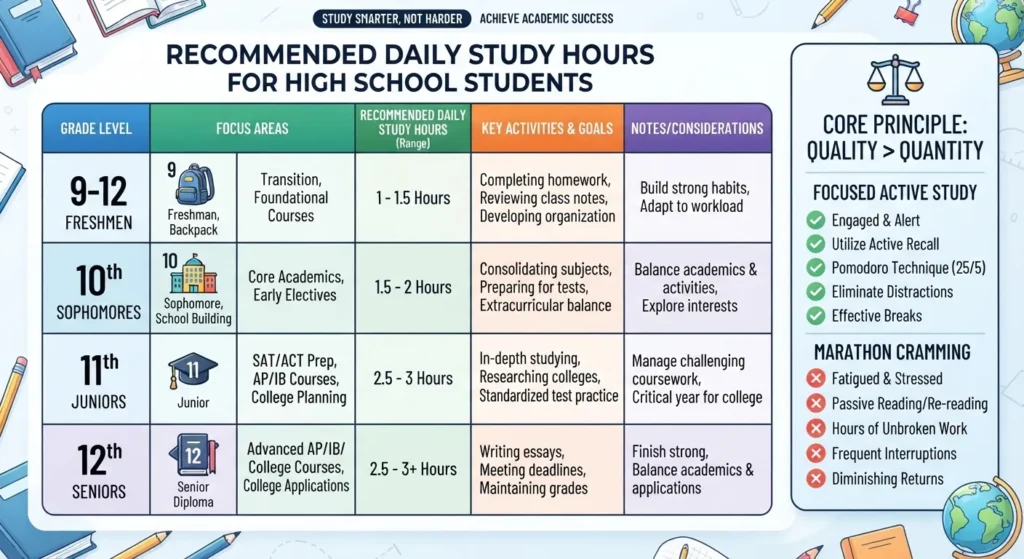 Infographic chart showing recommended daily study hours for 9th, 10th, 11th, and 12th-grade high school students.