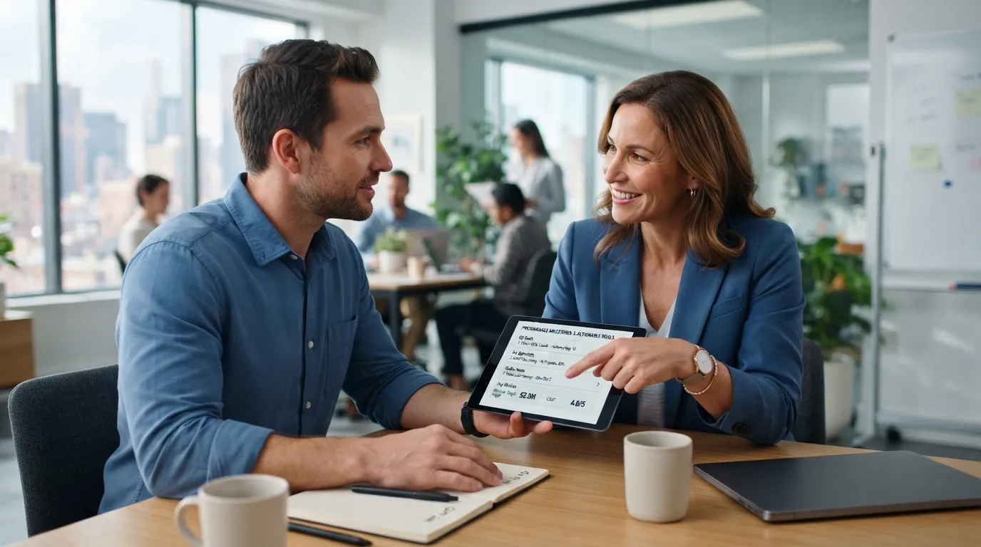 A professional leader guiding an employee in a collaborative workplace setting to establish clear expectations and ownership.