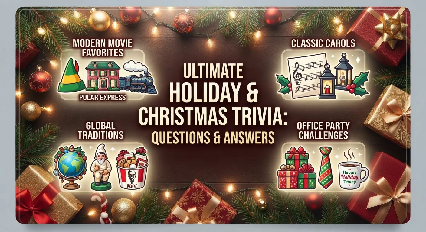 A festive collection of holiday trivia questions and answers featuring colorful Christmas decorations, gift boxes, and a glowing trivia game night setup.