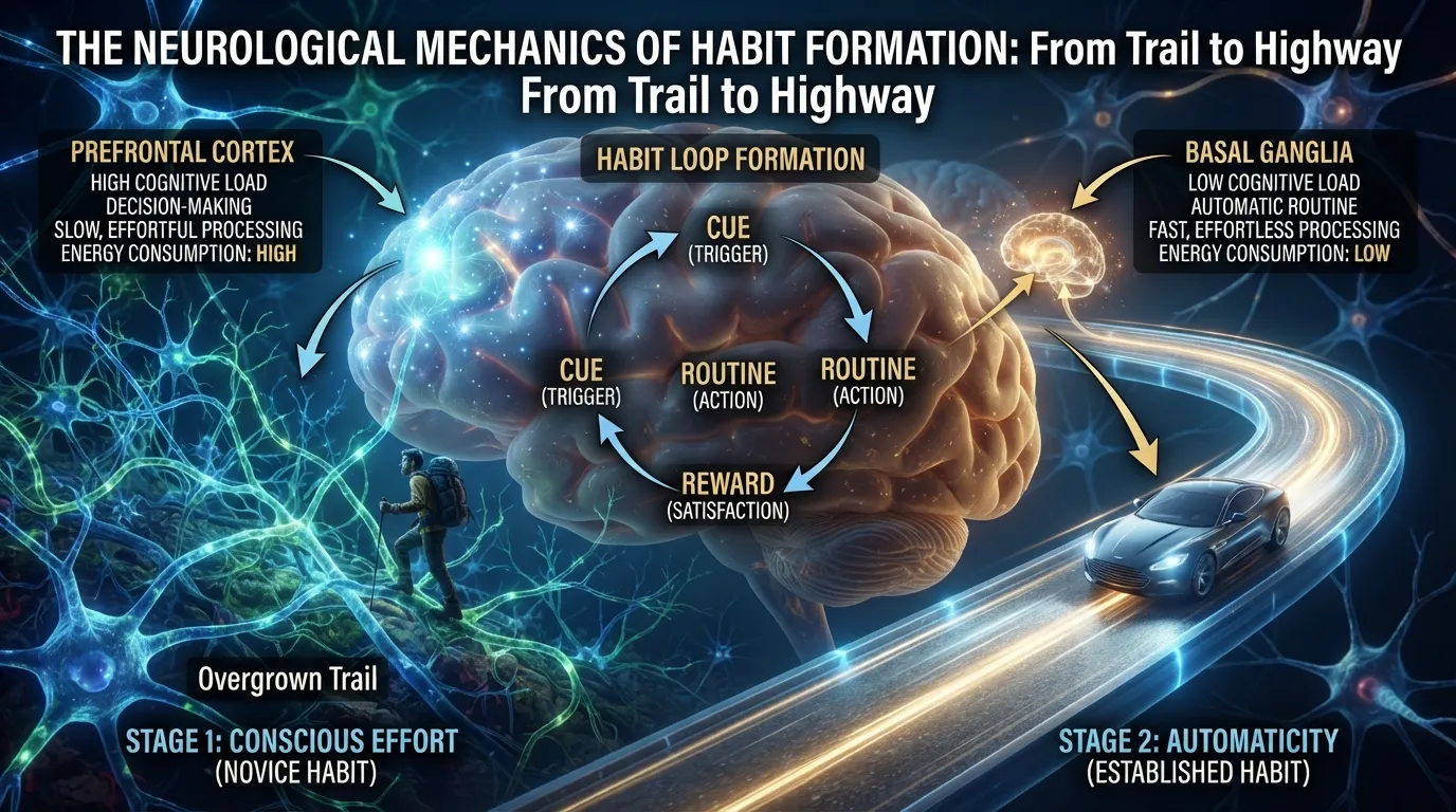 Diagram illustrating how habits form in the brain through neuroplasticity, showing the transition from conscious prefrontal cortex decision-making to automated basal ganglia pathways.