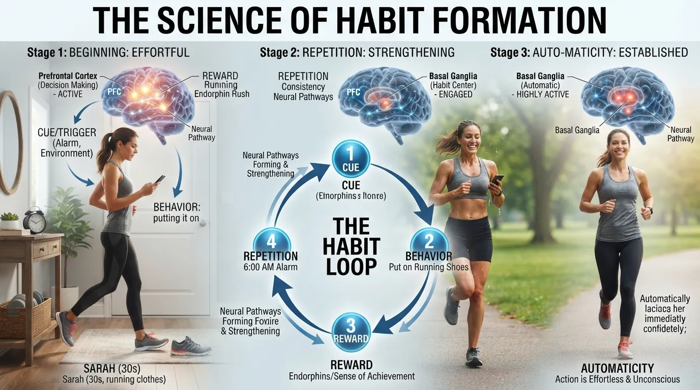 Visual showing how repeated behaviors become habits through cues, actions, rewards, and gradual brain adaptation.