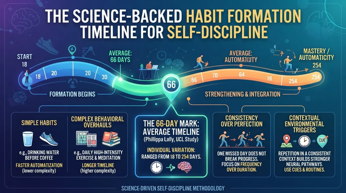 Infographic chart showing the 66-day habit formation timeline and variance range for building self discipline