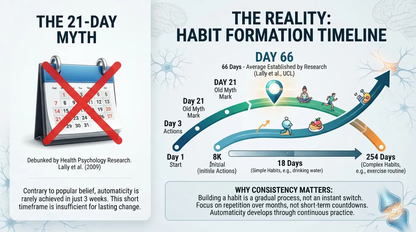 Infographic chart comparing the 21-day habit myth with scientific research showing an average 66-day timeline for building a new habit.