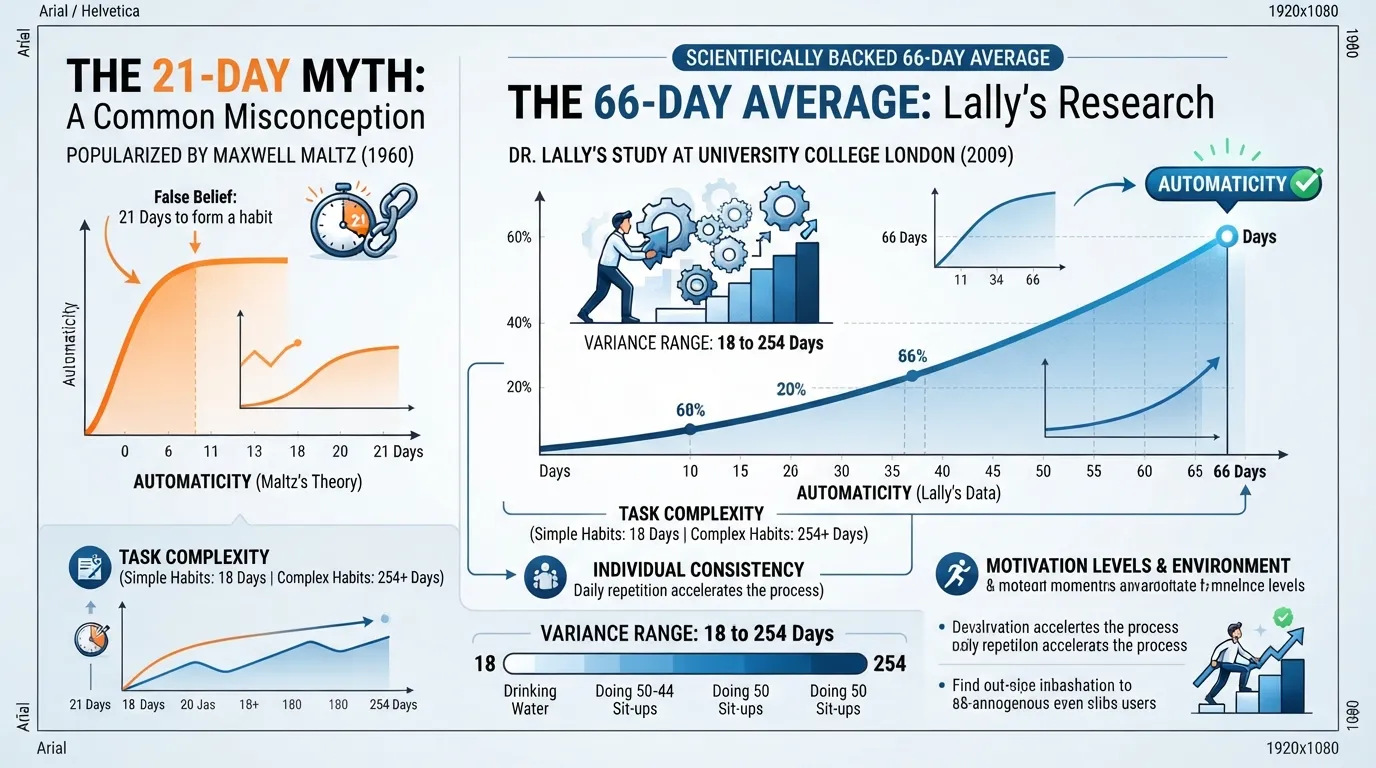 A comparative data visualization chart contrasting the 21-day habit myth with the actual 66-day average timeline.