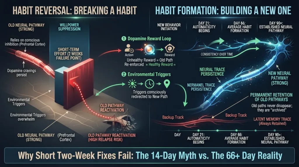 Infographic comparing habit-breaking timelines, showing why unlearning neural pathways takes longer than 66 days.