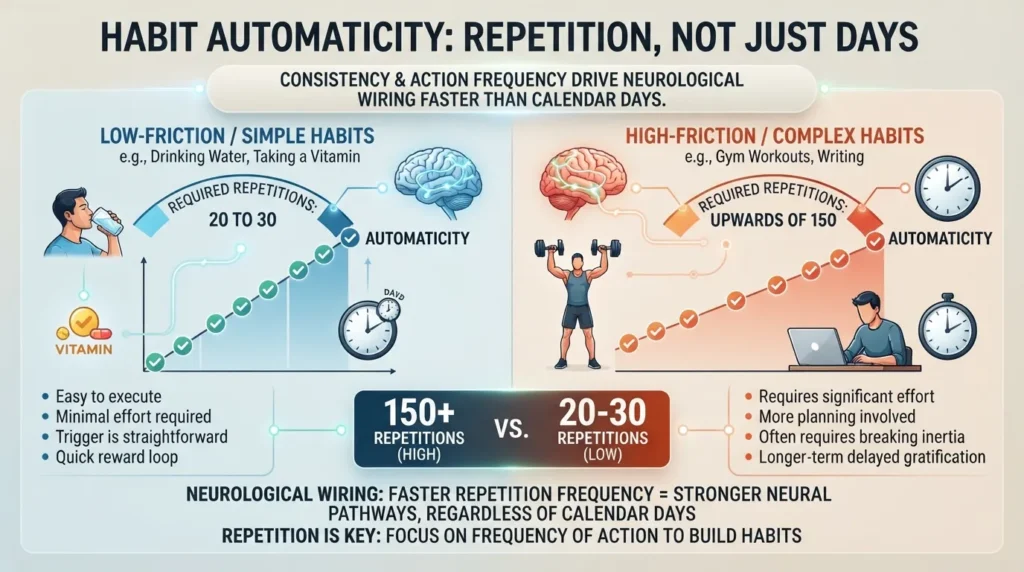 Infographic showing the repetition frequency required to build automaticity for simple versus complex habits.