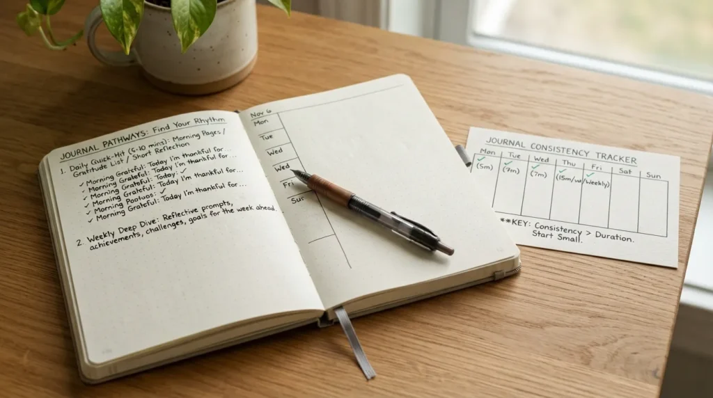 A person holding a pen over an open notebook, representing a consistent daily journaling routine.
