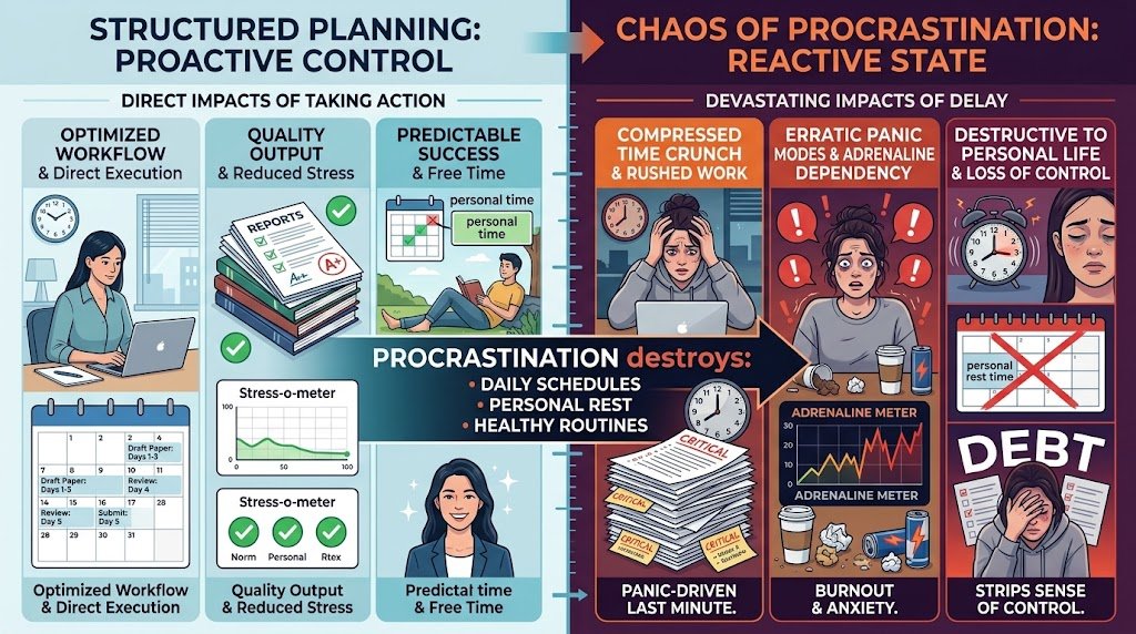 A visual infographic illustrating how procrastination disrupts time management, causing rushed work, stress cycles, and schedule destruction.