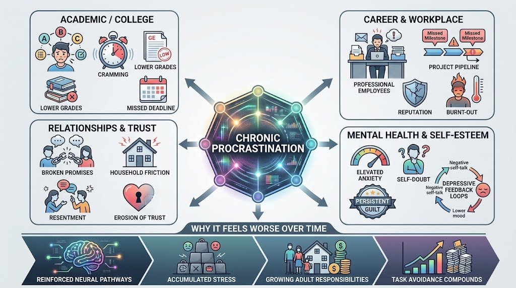 An detailed visual summary showing how chronic procrastination affects academics, career, personal relationships, mental health, and escalates over time.