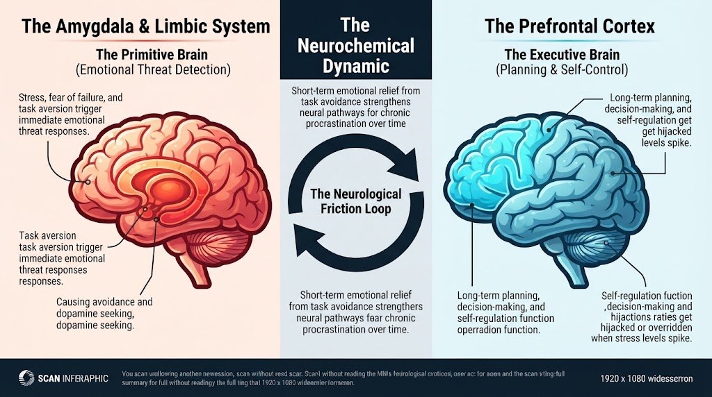 Infographic diagram illustrating the neurobiology of procrastination, showing the conflict between the emotional limbic system and the logical prefrontal cortex in the human brain.