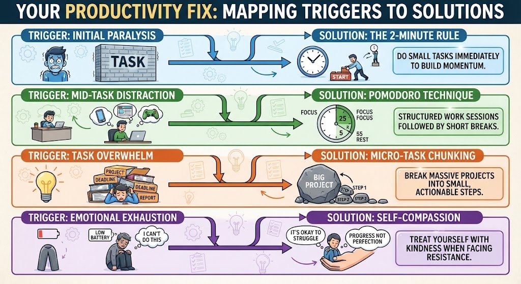 A decision-making infographic matching specific procrastination triggers like paralysis, distraction, overwhelm, and exhaustion to the right productivity technique.