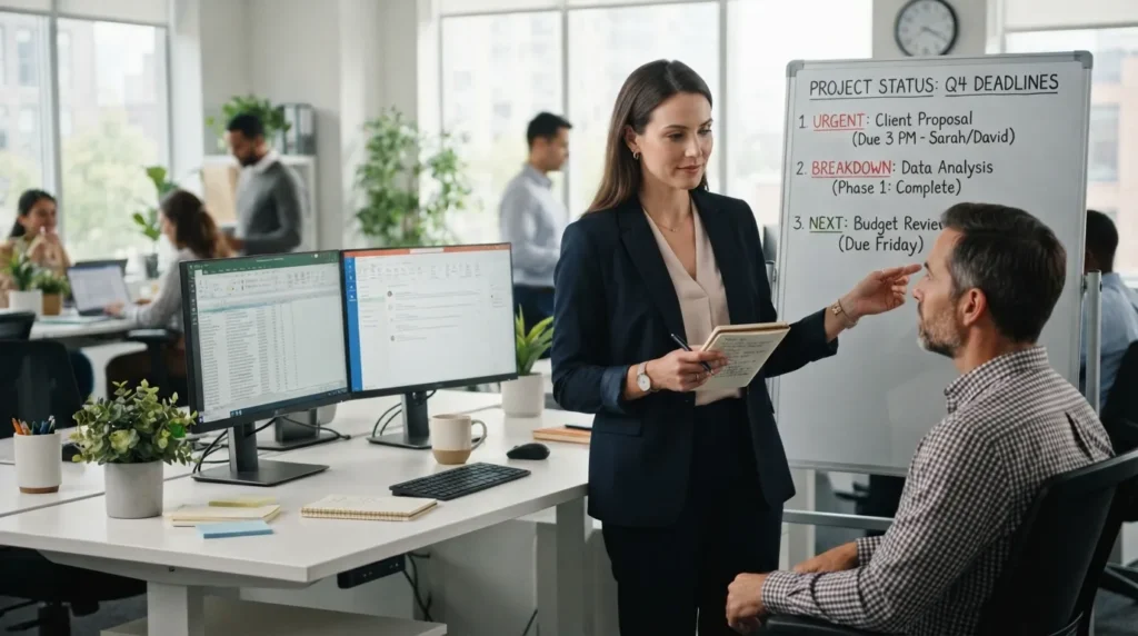 Person calmly handling a stressful situation at work while prioritizing tasks, taking a pause, and preparing a clear interview answer