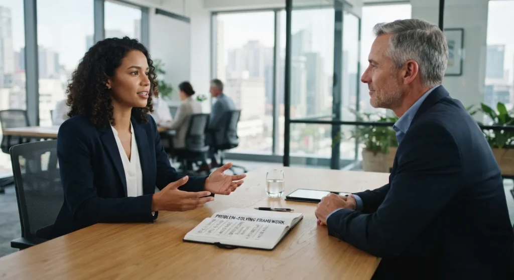 Professional job candidate calmly explaining a structured stress-management strategy to an interviewer across a desk.