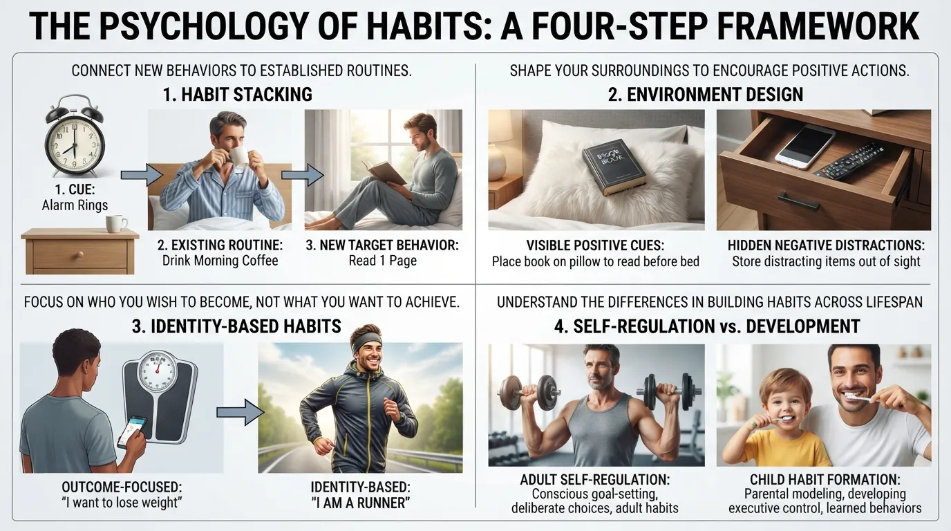 Infographic illustrating actionable steps for applying habit formation psychology, including habit stacking, environment design, and identity-based habit formation.