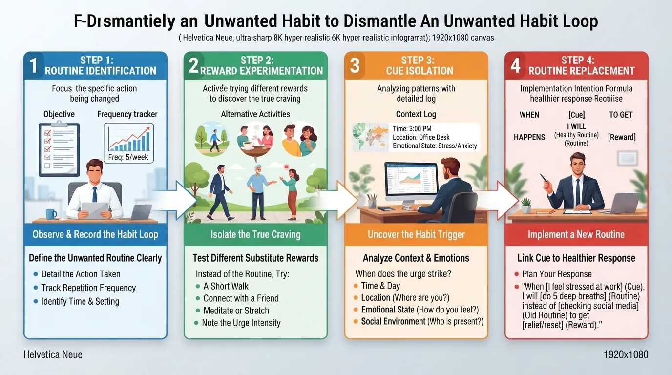 Infographic illustrating the four-step process to break a bad habit loop by identifying the routine, experimenting with rewards, isolating the cue, and replacing the behavior.
