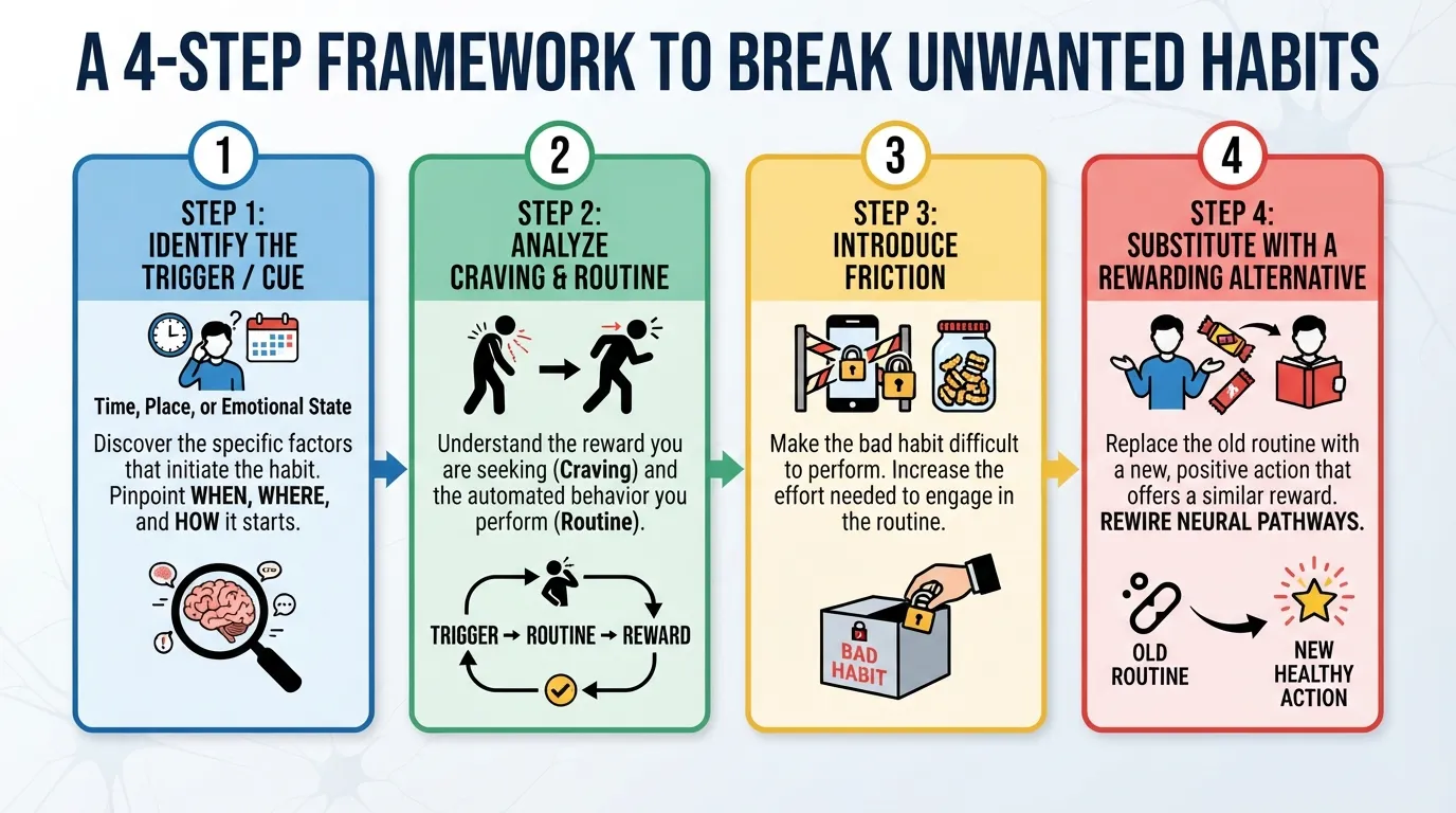 Step-by-step infographic showing how to identify triggers and replace bad habits with positive routines at a 1920 by 1080 pixel resolution.