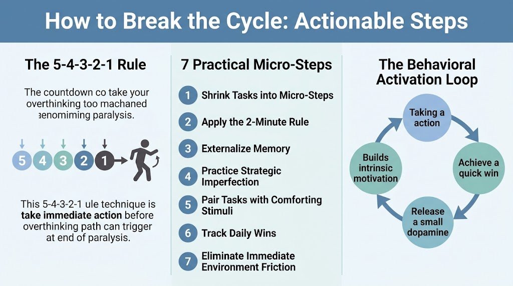 An instructional diagram mapping out practical steps to break the depression-procrastination cycle, highlighting the 5-4-3-2-1 rule and behavioral activation techniques.