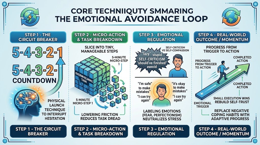 Infographic illustrating a 4-step framework on how to break the negative coping cycle of procrastination, featuring the 5-4-3-2-1 rule, task breakdown, emotional labeling, and self-compassion.