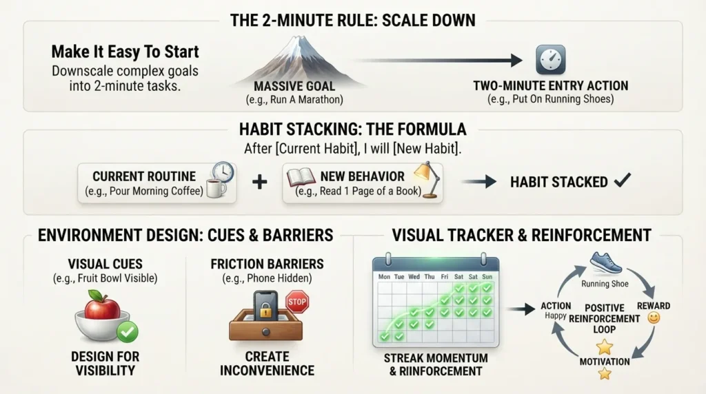 Infographic illustrating a step-by-step framework for building better habits, including the 2-minute rule, habit stacking, and environment design.