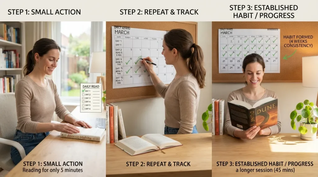 Visual showing a simple habit-building routine with small daily actions, consistent repetition, progress tracking, and long-term habit formation.