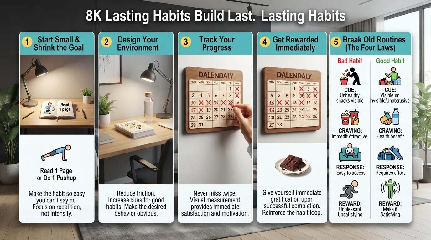 Infographic illustrating how to build good habits that last using a step-by-step habit loop framework, environment design, and consistent tracking.