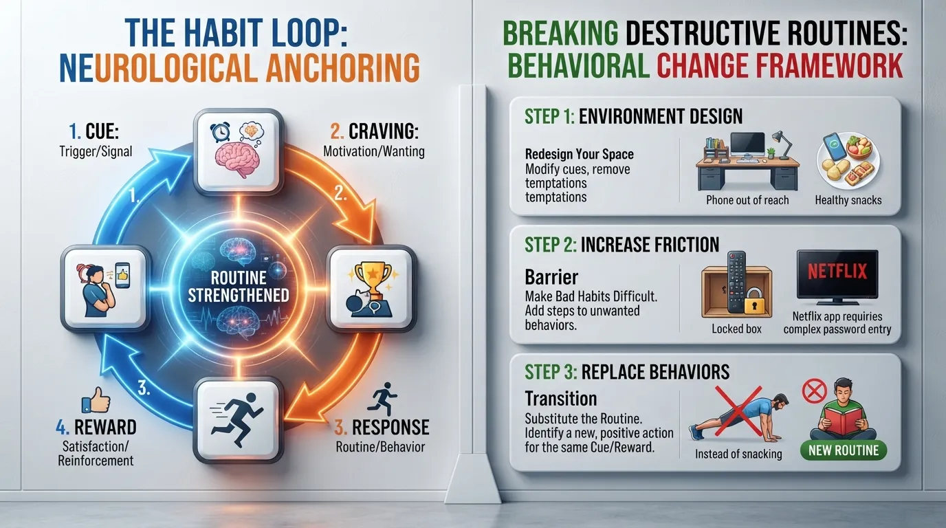 An infographic flowchart comparing the cue-craving-response-reward loop for building good habits and the trigger-friction-replacement steps for breaking bad habits based on scientific research.