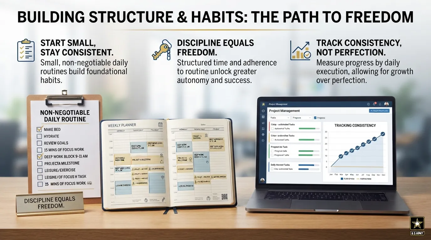 A focused individual following a structured daily routine, representing how to build self-discipline like the military through practical steps.