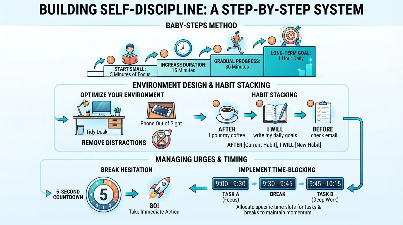 An infographic flowchart illustrating the step-by-step system to build self-discipline, including environment design, micro-habits, and time blocking.