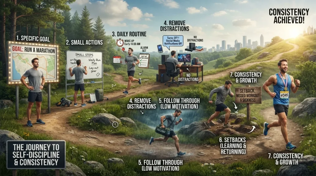 Visual guide showing how to build self-discipline through clear goals, small daily actions, routines, fewer distractions, and consistent practice.