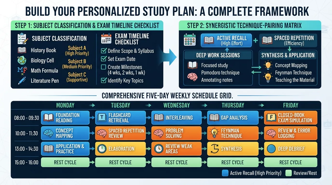 Step-by-step practical framework and weekly study plan combining active recall and spaced repetition for optimal learning retention.