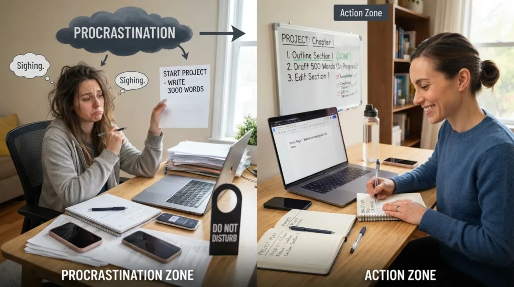 Person overcoming laziness and procrastination by breaking a difficult task into small steps, removing distractions, and taking action