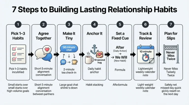 Infographic illustrating the 7-step process for couples to create lasting relationship habits, showing steps from choosing 1-3 habits to planning for slips.