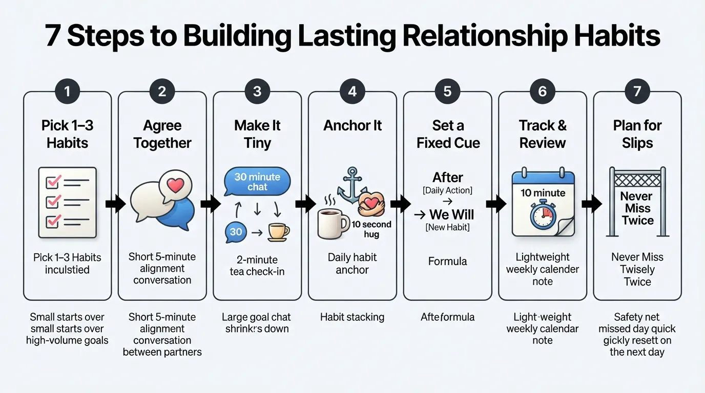 Infographic illustrating the 7-step process for couples to create lasting relationship habits, showing steps from choosing 1-3 habits to planning for slips.