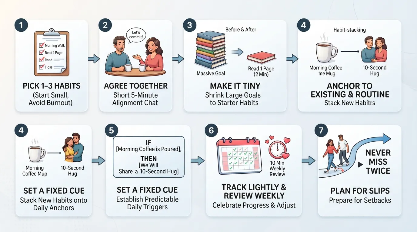 Infographic illustrating a step-by-step roadmap for couples to create healthy relationship habits, starting with picking 1 to 3 habits, agreeing together, starting small, habit stacking, setting cues, tracking weekly, and planning for slips.