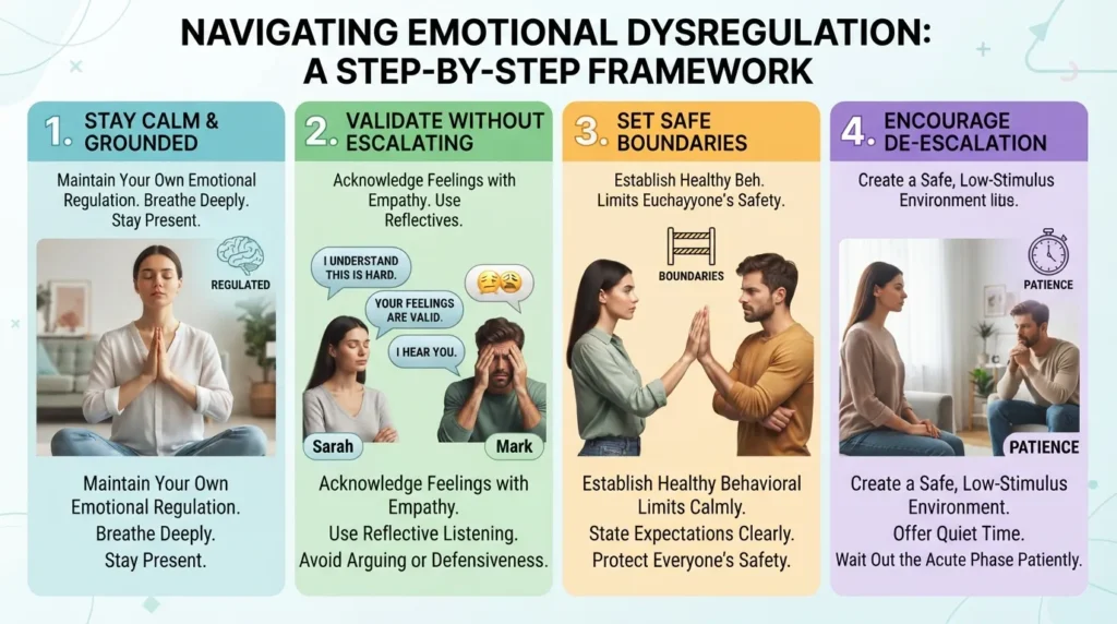 A calm person practicing active listening and deep breathing while supporting someone experiencing emotional dysregulation.
