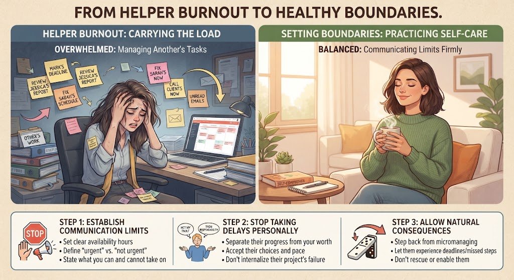 Person setting healthy relationship boundaries and managing stress while supporting someone with chronic procrastination