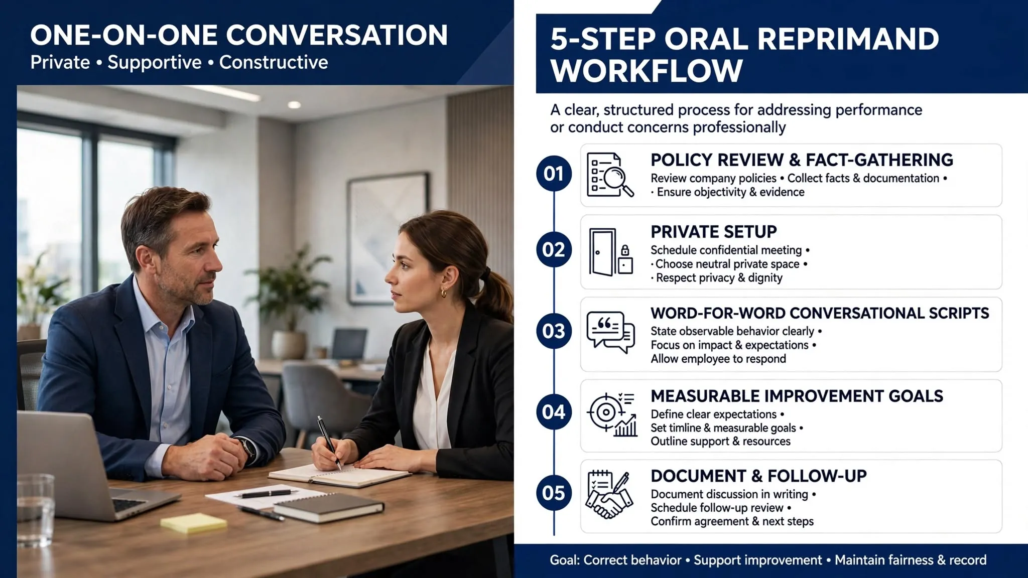 Manager conducting a professional one-on-one private disciplinary meeting with an employee to deliver an oral reprimand.