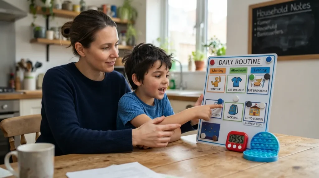 Parent using a visual schedule and calm physical guidance to help an ADHD child focus and self-regulate during a daily task.