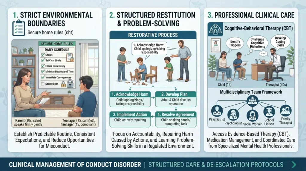Professional therapist explaining structured behavioral intervention strategies and boundary-setting techniques to parents managing a child with conduct disorder.