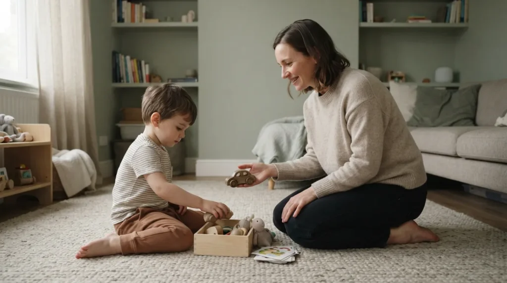 A parent using calm, indirect language and a low-demand approach while communicating with a child exhibiting Pathological Demand Avoidance (PDA).