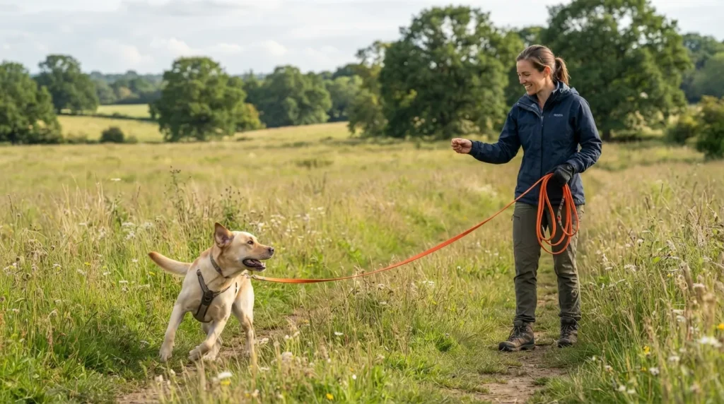 Dog owner practicing long-line recall training and positive reinforcement in an open park to prevent running away.