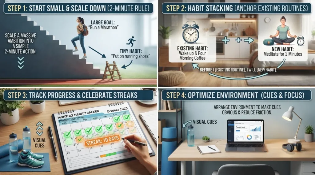 Infographic illustrating a step-by-step framework for building lasting habits, including environment design and habit tracking.