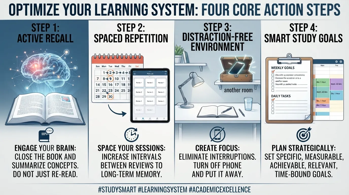 Infographic showing a step-by-step framework to fix bad study habits using active recall, spaced repetition, and distraction-free environments.